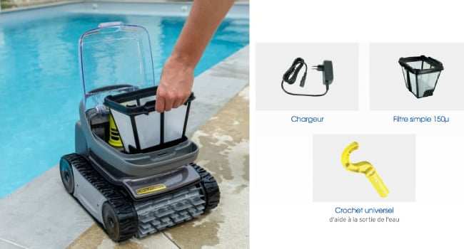 Image du robot avec sont panier sorti, ainsi que les accessoires avec lesquels il lui sont fournis