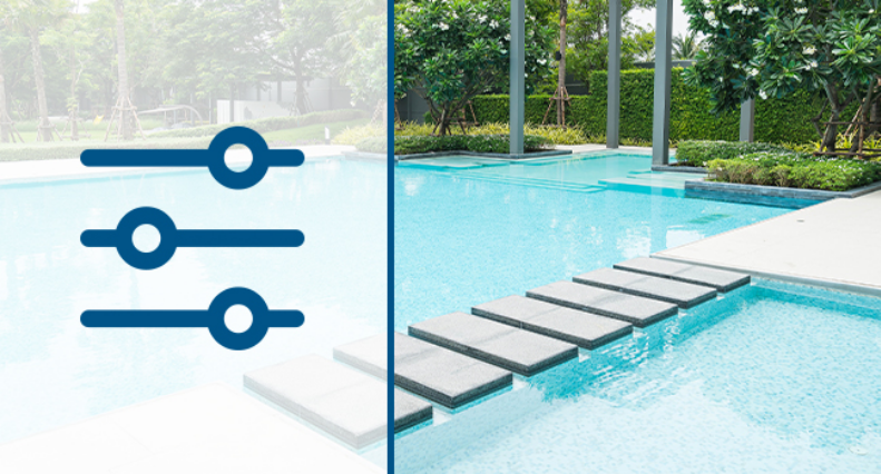 image d'une piscine avec des symbole indiquant les 4 réglages