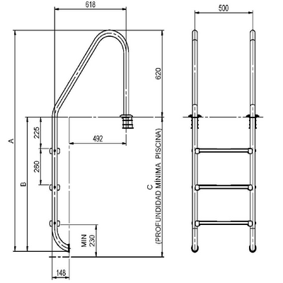 dimension Echelle de bain pour piscine enterrée en inox de 5 marches