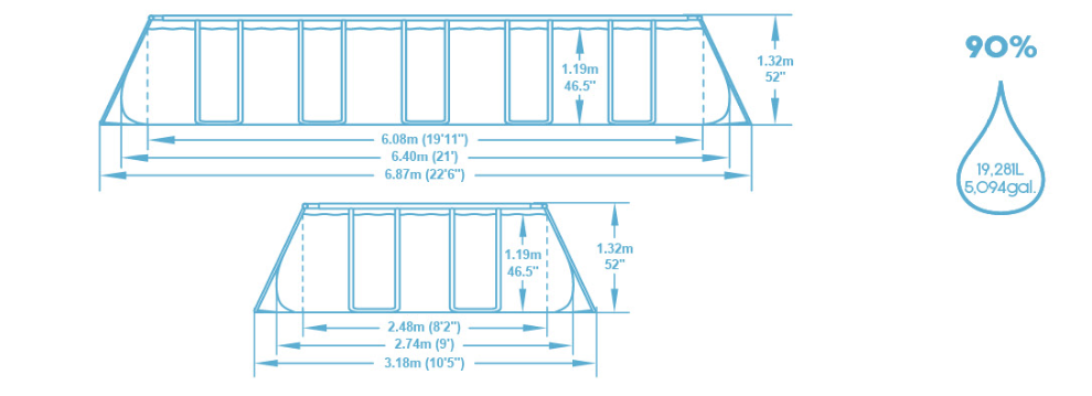 Dimension piscine 6,71x3,66x1,32 m